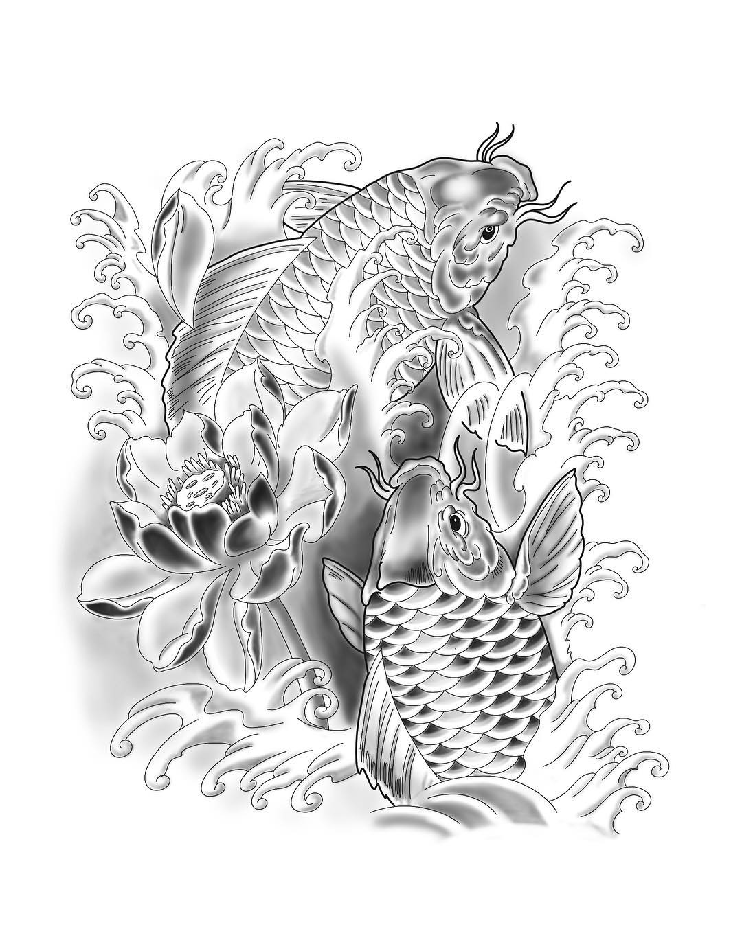 鲤鱼荷花纹身手稿