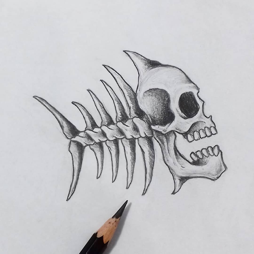 骷髅鱼骨纹身手稿