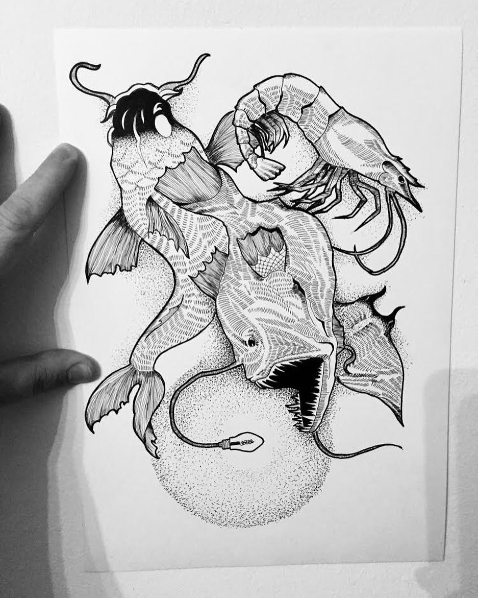 鲤鱼食人鱼龙虾纹身手稿